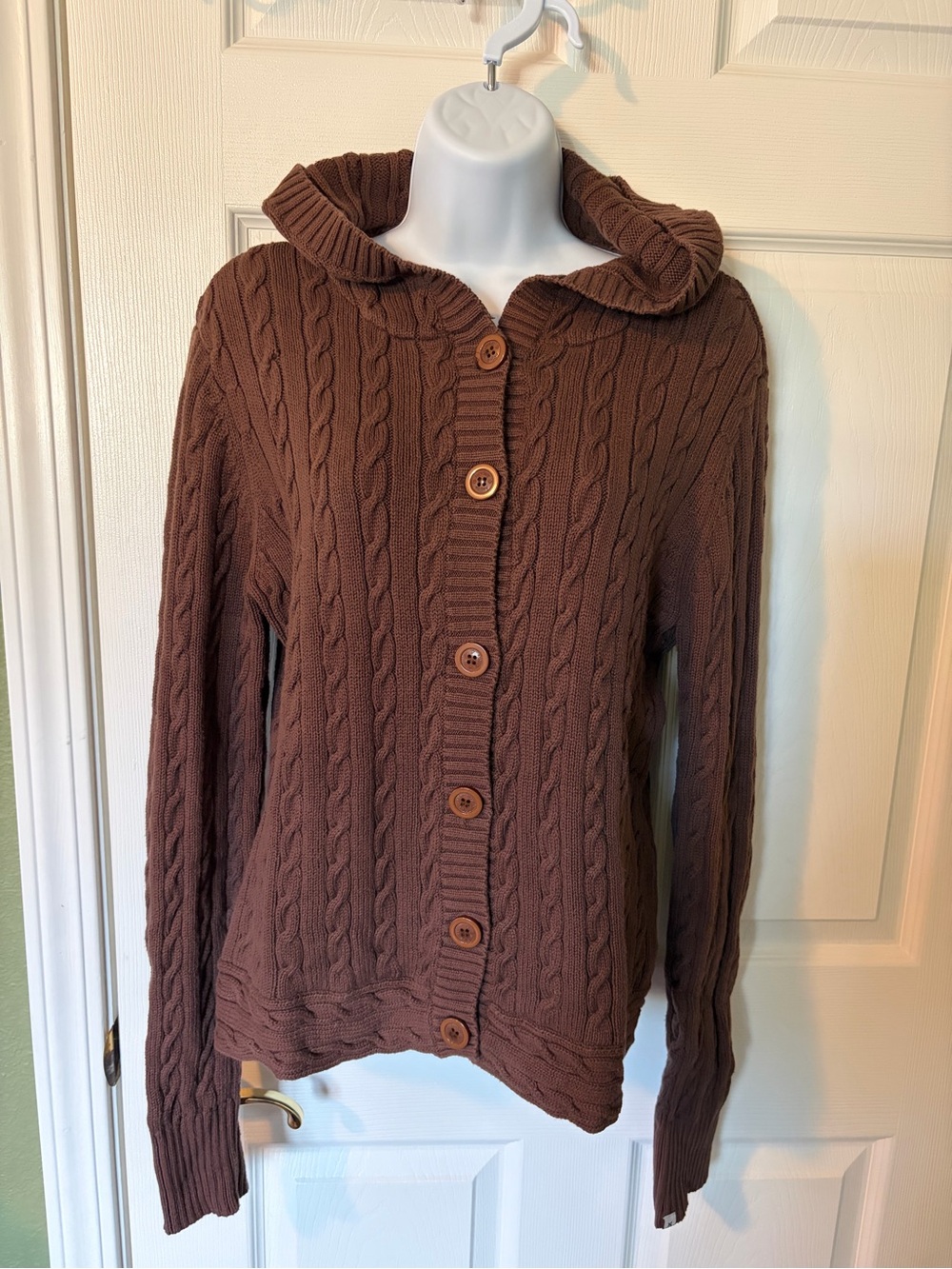 Hurley Cable Knit Hooded Cardigan in Brown Large